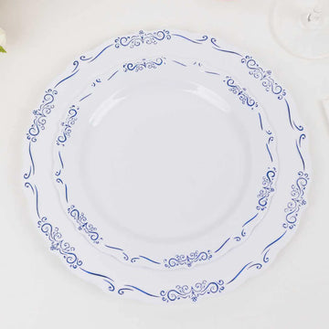 10 Pack White Blue Vintage Rim Disposable Salad Plates Embossed Scalloped Edges, 7" Round Hard Plastic Appetizer Dessert Plates