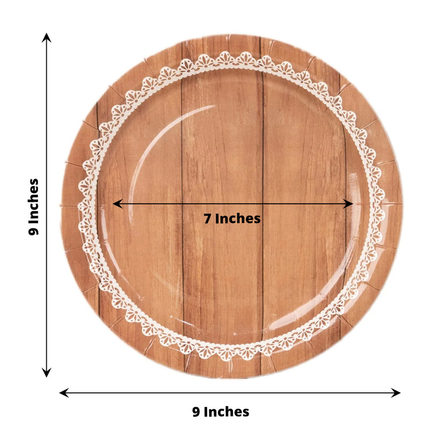 25 Pack Brown Wood Grain Print 9inch Disposable Party Plates With Floral Lace Rim