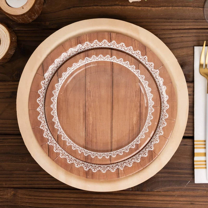 25 Pack White Brown Wood Grain Print Disposable Salad Plates With Floral Lace Rim