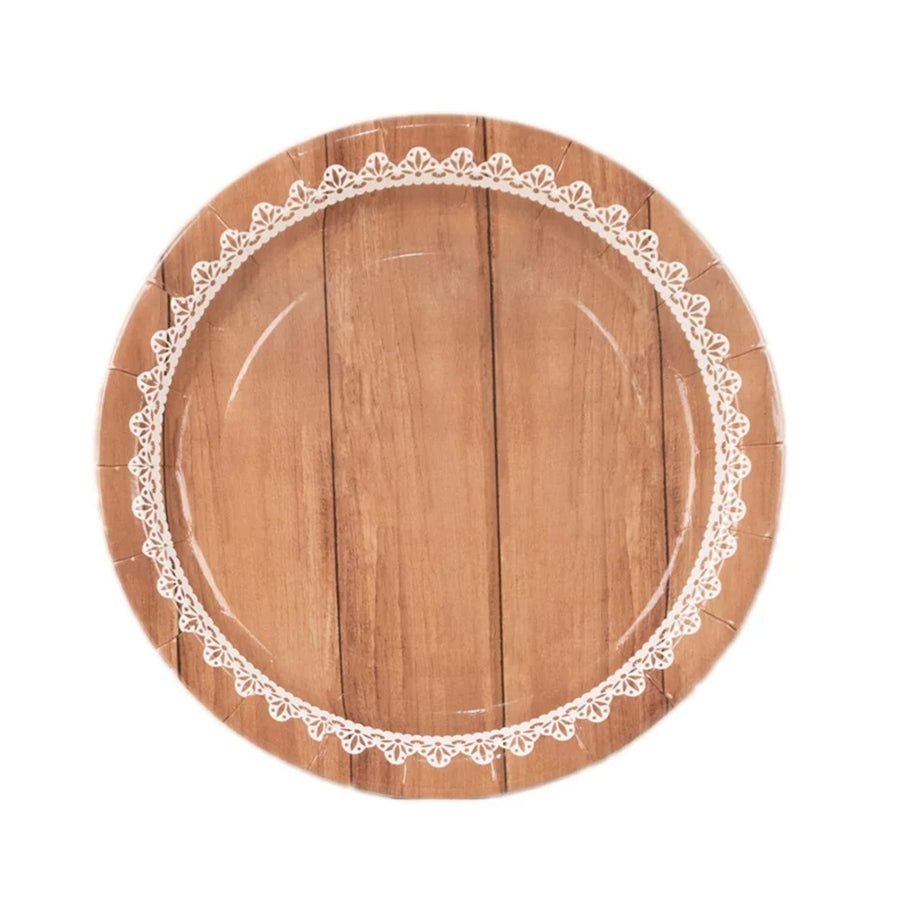 25 Pack White Brown Wood Grain Print Disposable Salad Plates With Floral Lace#whtbkgd