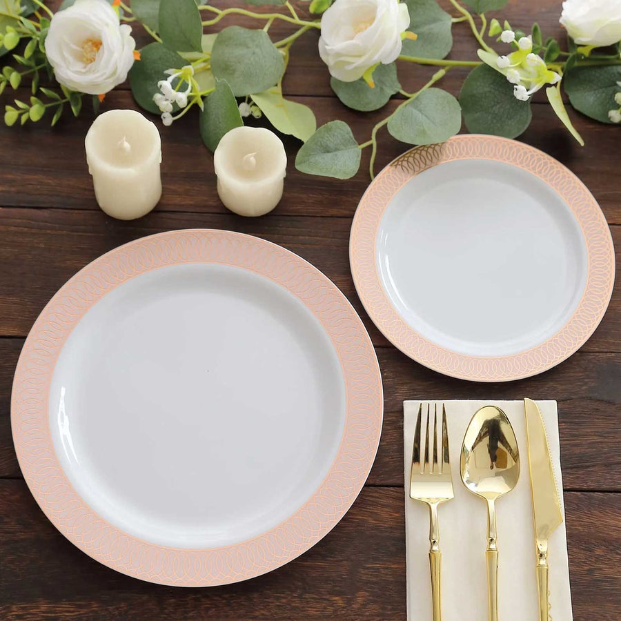 10 Pack White Disposable Party Plates With Blush Rose Gold Spiral Rim, 10" Round Plastic Dinne