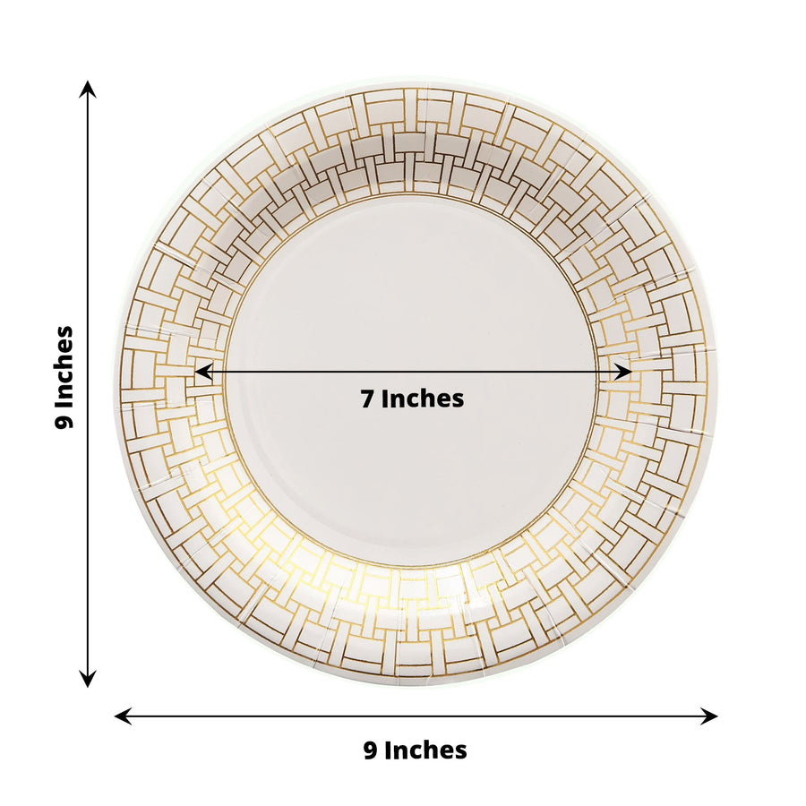 25 Pack White Disposable Party Plates With Gold Basketweave Pattern Rim, 9inch Round Dinner