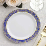 10 Pack White Disposable Party Plates With Navy Blue Gold Spiral Rim, 10" Round Plastic Dinner Plates
