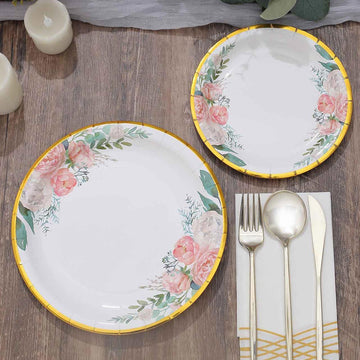 25 Pack 7" White Elegant Floral Design Gold Rim Paper Salad Plates, Disposable Dessert Appetizer Plates
