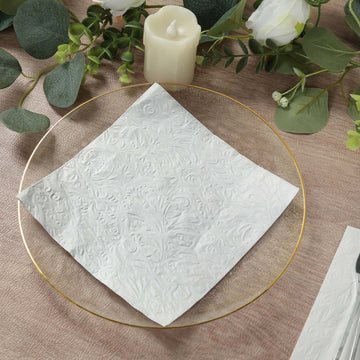 50 Pack White Embossed Paper Beverage Napkins With French Swirl Pattern, Soft 2-ply Disposable Party Cocktail Napkins - 6.5"x6.5"