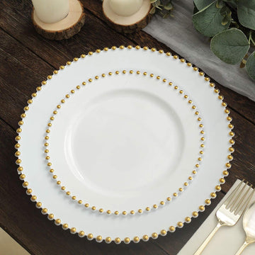 10 Pack 8" White Gold Beaded Rim Disposable Salad Plates, Disposable Round Appetizer Dessert Party Plates