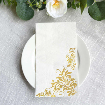 50 Pack White Gold Floral Baroque Print Dinner Paper Napkins, 8"x4" Soft Disposable Party Napkins