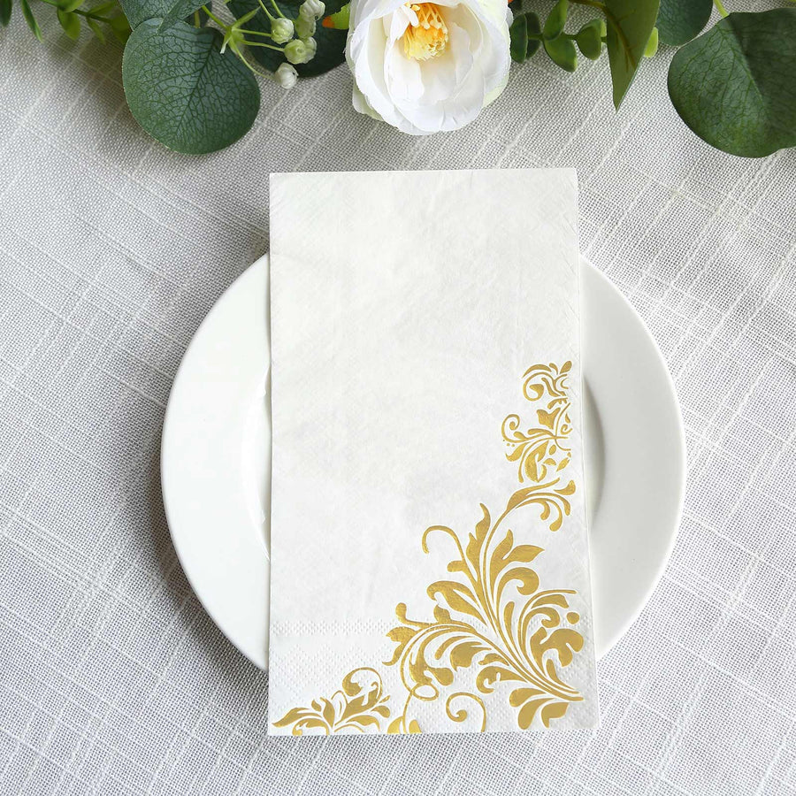 50 Pack White Gold Floral Baroque Print Dinner Paper Napkins, Soft Disposable Party