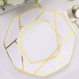 10 Pack | 10inch White / Gold Geometric Design Disposable Dinner Plates