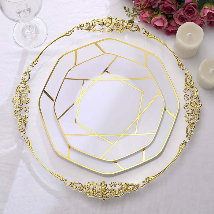 10 Pack | 10inch White / Gold Geometric Design Disposable Dinner Plates