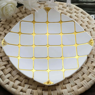 10 Pack White Gold 10" Plastic Square Geometric Dinner Plates, Disposable Party Plates