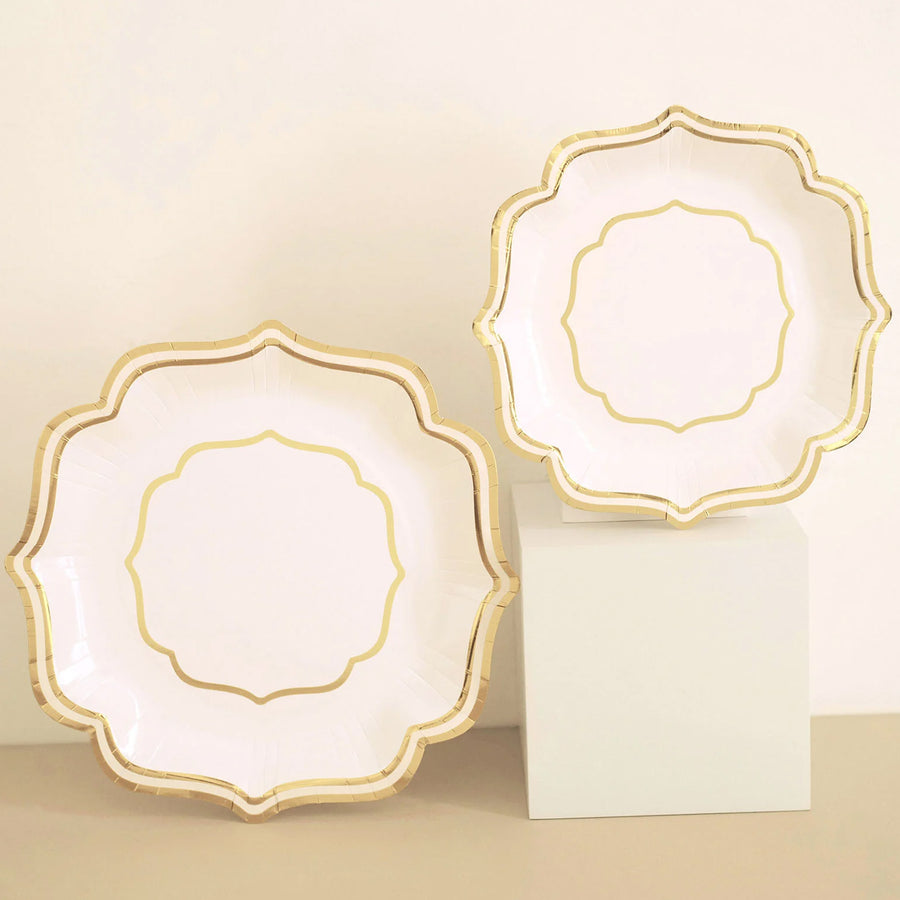 25 Pack | White/Gold 8" Scallop Rim Dessert Party Paper Plates, Disposable Appetizer Salad Plates - 