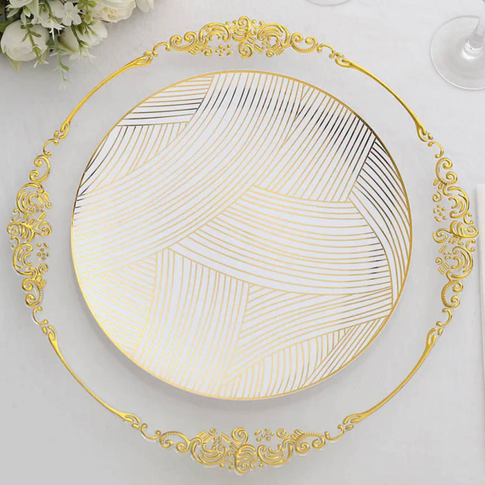 10 Pack | 10inches White Gold Wave Brush Stroked Disposable Dinner Plates, Plastic Party Plates