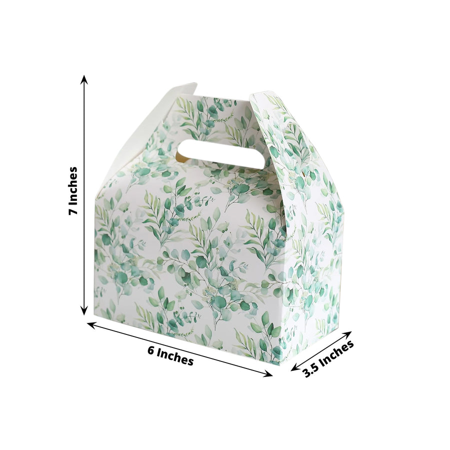 25 Pack White Green Candy Gift Tote Gable Boxes with Eucalyptus Leaves Print, Party Favor