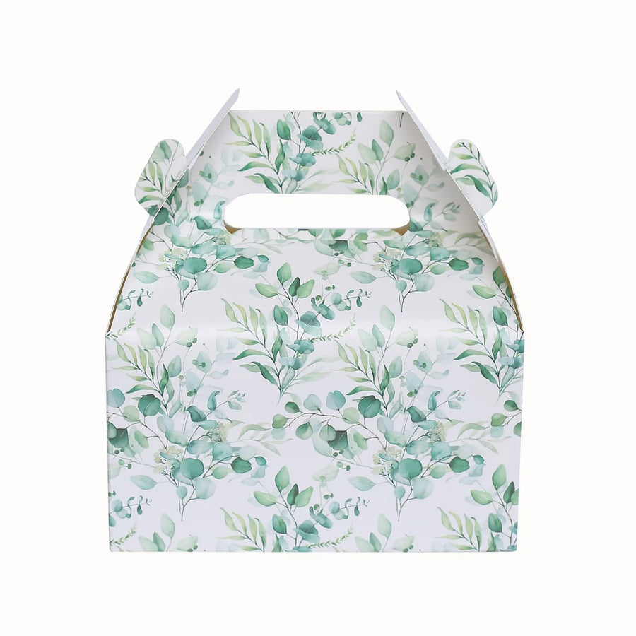 25 Pack White Green Candy Gift Tote Gable Boxes with Eucalyptus Leaves Print, Party Favor#whtbkgd