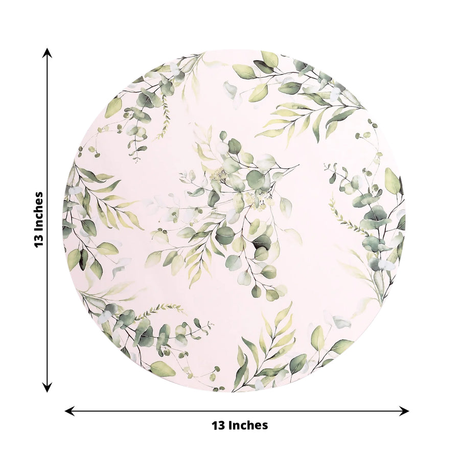 6 Pack White Green Cardboard Paper Charger Plates with Eucalyptus Leaves Print,13inch Round