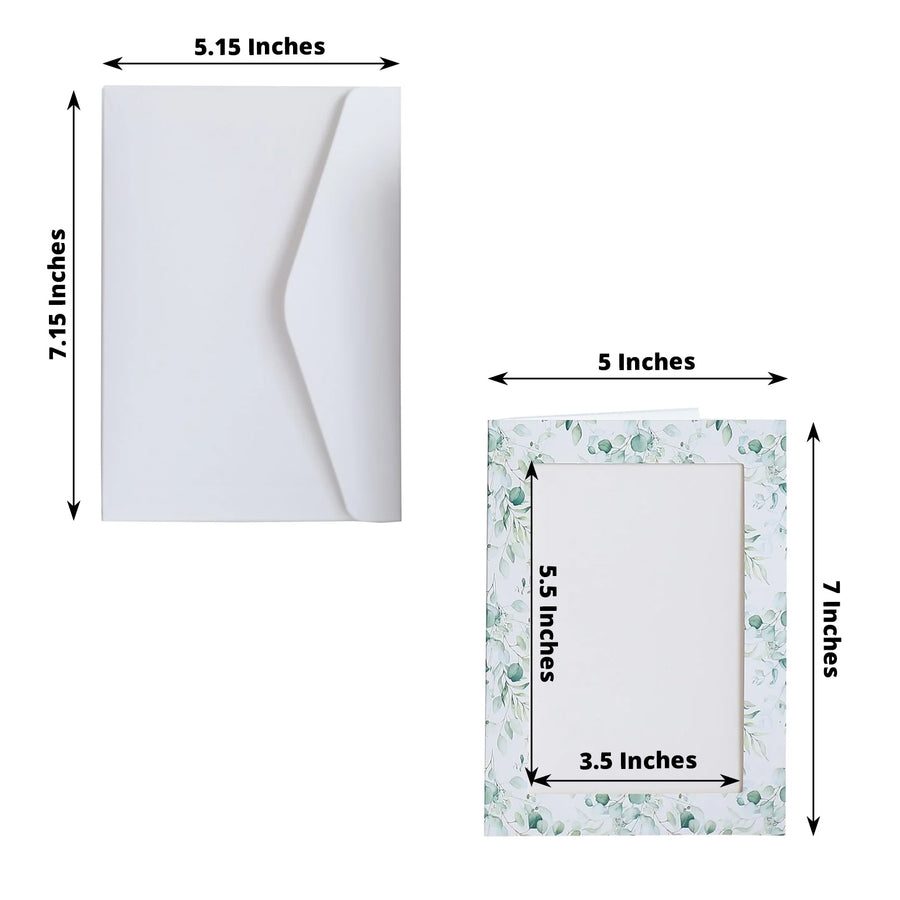 25 Pack White Green Eucalyptus Leaves Photo Frame Cards with Envelopes