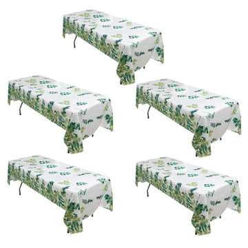 5 Pack White Green Rectangular Waterproof Plastic Tablecloths With Eucalyptus Leaves Print, 54"x108" Disposable Table Covers