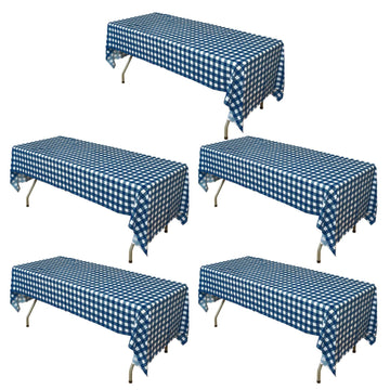 5 Pack White Navy Blue Rectangular Waterproof Plastic Tablecloths in Buffalo Plaid Style, 54"x108" Disposable Checkered Table Covers