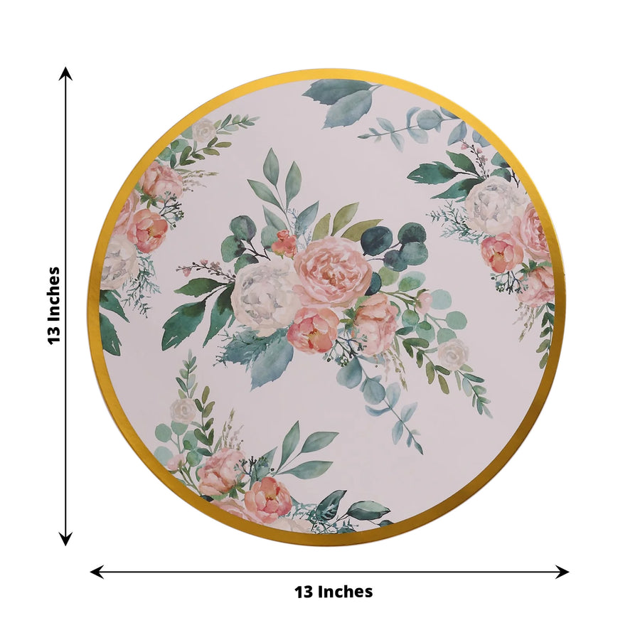 6 Pack White Pink Floral Cardboard Paper Charger Plates with Gold Rim, 13" Round Disposable Placemats- 700 GSM
