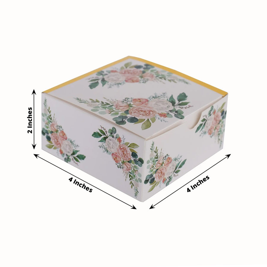 25 Pack White Pink Peony Flowers Print Paper Favor Boxes with Gold Edge, Gift Box