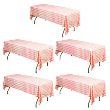 5 Pack White Pink Rectangular Waterproof Plastic Tablecloths in Buffalo Plaid Style, 54"x108" Disposable Checkered Table Covers
