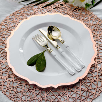 10 Pack 10" White Plastic Dinner Plates Disposable Tableware Round With Rose Gold Scalloped Rim