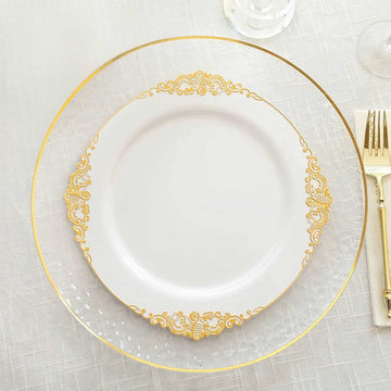 10 Pack 10" White Plastic Party Plates With Gold Leaf Embossed Baroque Rim, Round Disposable Dinner Plates