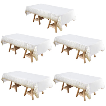 5 Pack White Rectangle Plastic Table Covers with Gold Confetti Dots, 54"x108" PVC Waterproof Disposable Tablecloths