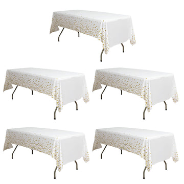 5 Pack White Rectangle Plastic Table Covers with Gold Stars, 54"x108" PVC Waterproof Disposable Tablecloths