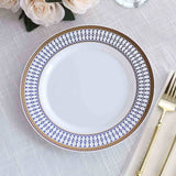 10 Pack White Renaissance Plastic Party Plates With Gold Navy Blue Chord Rim