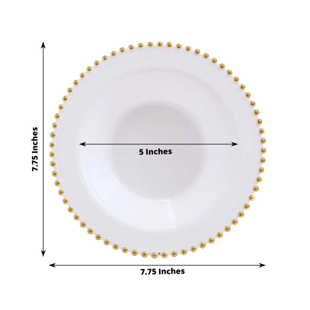 10 Pack White Round Plastic Dessert Bowls with Gold Beaded Rim, 12oz D