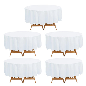 5 Pack White Round Waterproof Plastic Tablecloths, 84" Disposable Table Covers