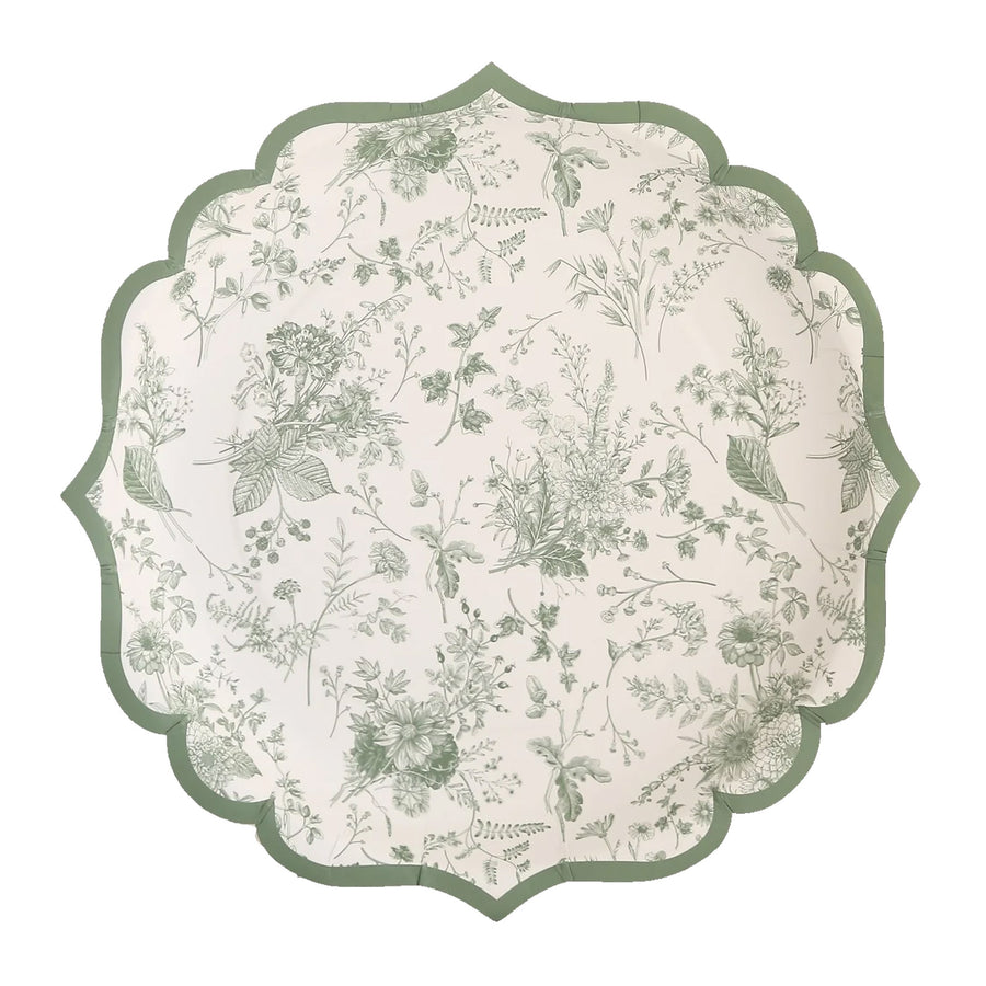 25 Pack Sage Green Floral Leaf Print Disposable Party Plates with Scalloped Rims#whtbkgd