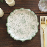25 Pack Sage Green Floral Leaf Print Salad Paper Plates with Scalloped Rims
