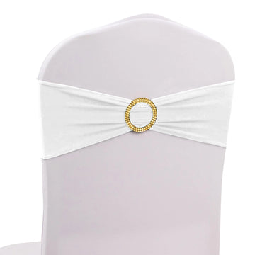 5 Pack White Spandex Chair Sashes with Gold Diamond Buckles, Elegant Stretch Chair Bands and Slide On Brooch Set - 5"x14"