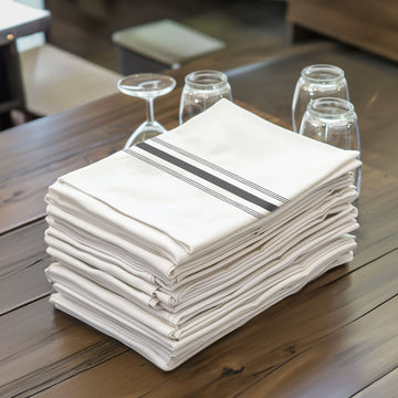 10 Pack White Spun Polyester Cloth Napkins with Black Reverse Stripes, Premium Restaurant Quality Bistro Napkins - 18"x22"