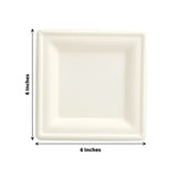 50 Pack | 6inch White Square Biodegradable Bagasse Salad Plates, Appetizer Dessert Party Plates