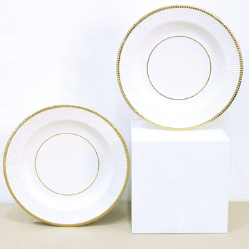 25 Pack 8" White Sunray Gold Rimmed Dessert Appetizer Paper Plates, Disposable Party Plates - 350 GSM