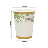 24 Pack | 9oz White Tropical Greenery Gold Trim Party Paper Cups - 250 GSM