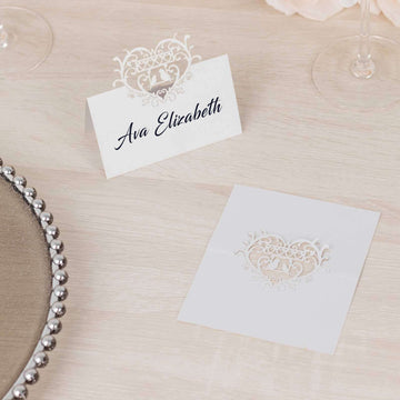 50 Pack White Wedding Table Number Cards with Laser Cut Hollow Heart Design Top, Printable Reservation Seating Name Place Cards - 210 GSM