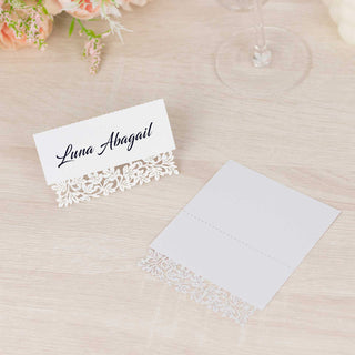 Elegant White Wedding Table Number Cards with Laser Cut Leaf Vine Design