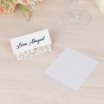 50 Pack White Wedding Table Number Cards with Laser Cut Leaf Vine Design, Printable Reservation Seating Name Place Cards - 210 GSM