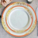 10 Pack White With Red Rim 8" Plastic Appetizer Salad Plates, Round With Gold Vine Design