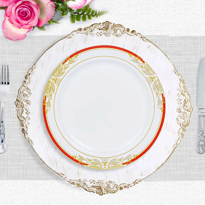 10 Pack | White With Red Rim 10inch Plastic Dinner Plates, Round With Gold Vine Design
