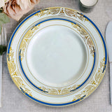 10 Pack White With Royal Blue Rim 8" Plastic Appetizer Salad Plates, Round With Gold Vine Design