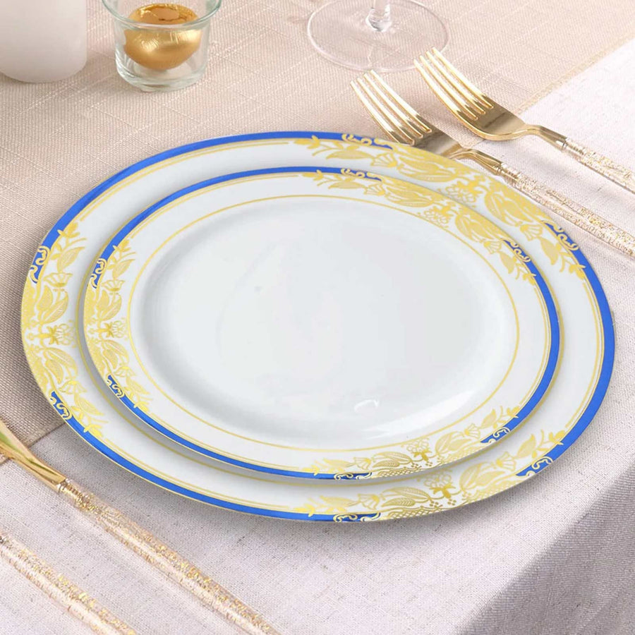 10 Pack White With Royal Blue Rim 8" Plastic Appetizer Salad Plates, Round With Gold Vine Design