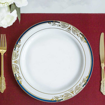 10 Pack White With Royal Blue Rim 10" Plastic Dinner Plates, Round With Gold Vine Design