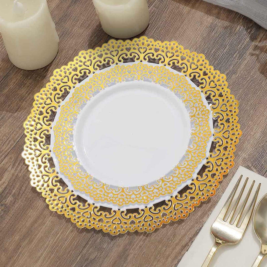 10 Pack | 7inch White with Gold Lace Rim Plastic Salad Plates