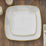 10 Pack | 7inch White with Gold Rim Square Plastic Salad Party Plates, Dessert Appetizer Plates